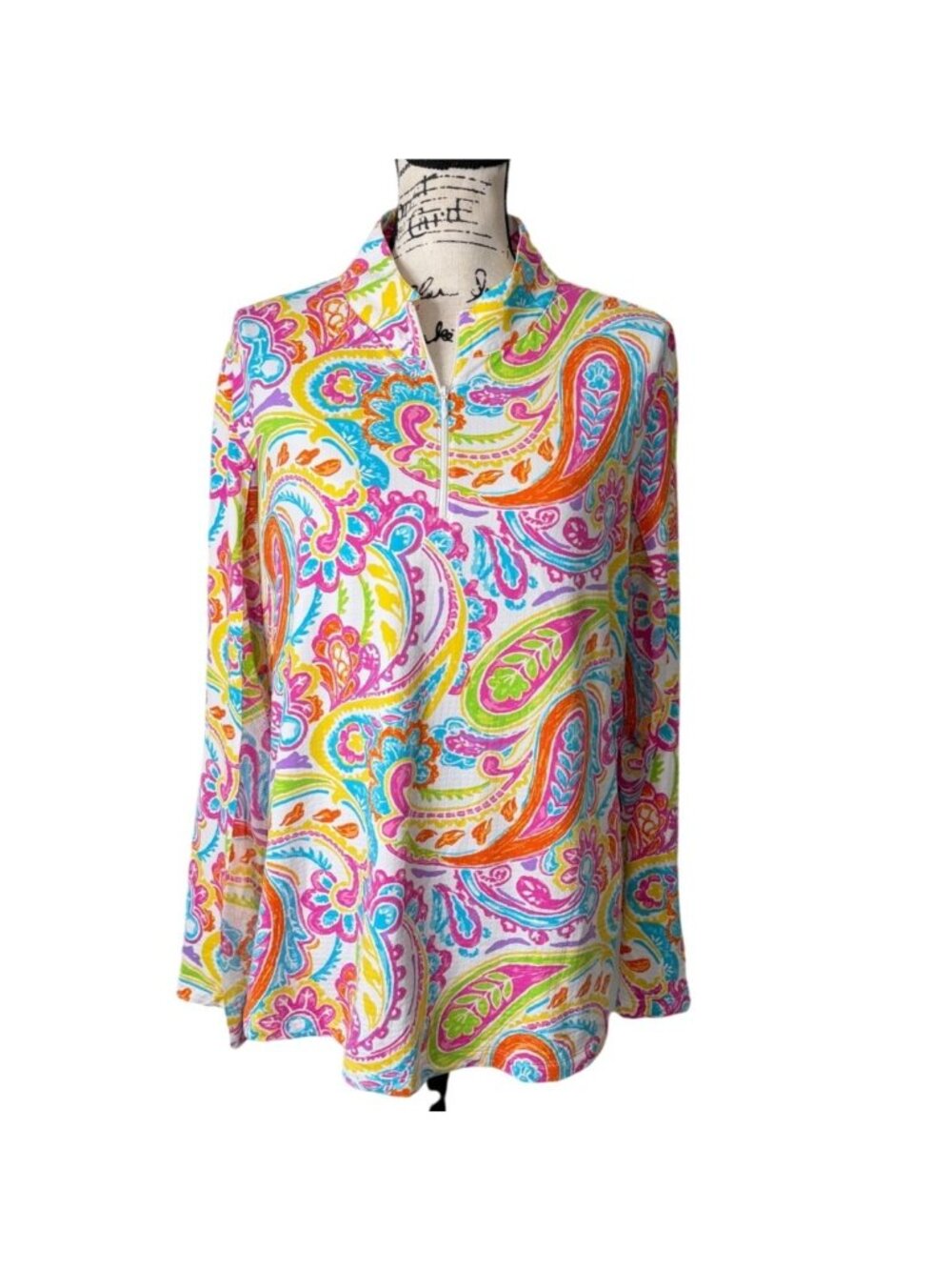 IBKUL Womens Size XXL Top Long Sleeve Sun Shirt 1/4 Zip Colorful Paisley Floral